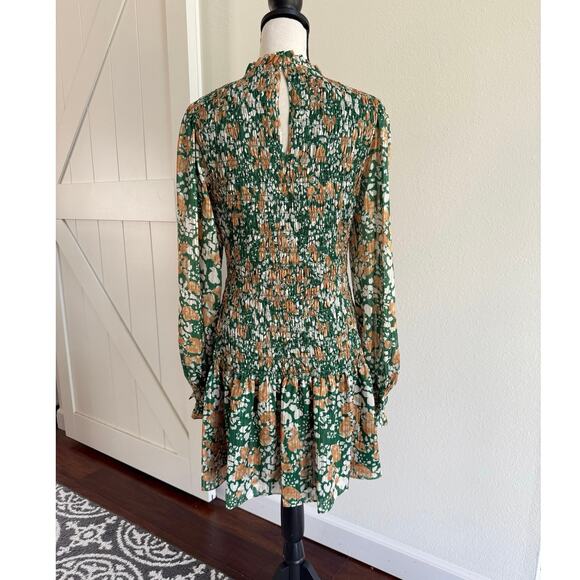 Ramy Brook NWT Lucia Green Floral Smocked Stretch Puff Sleeve Mini Dress Medium - Picture 5 of 14